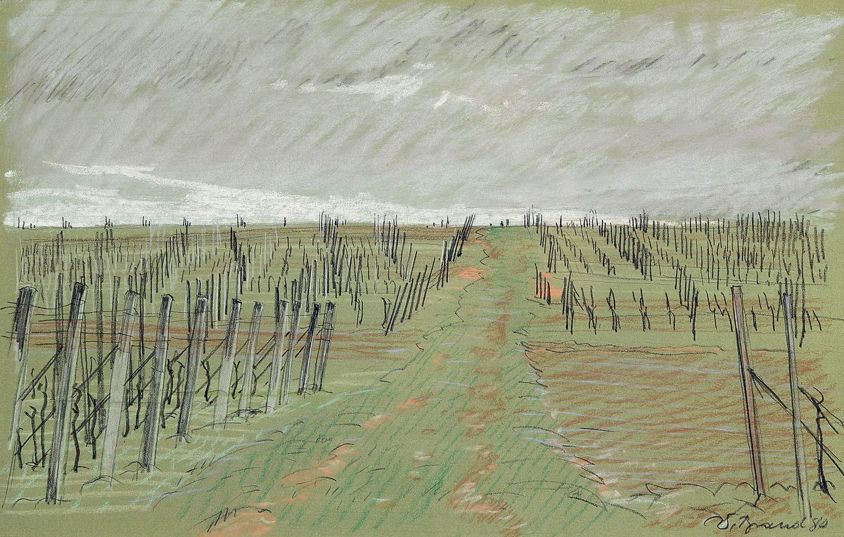 Werner Brand, 1933 Löbau-2021 Hochstadt/Pfalz , Landschaft in den Weinbergen mit Rebzeilen, Pastell auf Papier, rechts unten signiert und dat. 80, ...