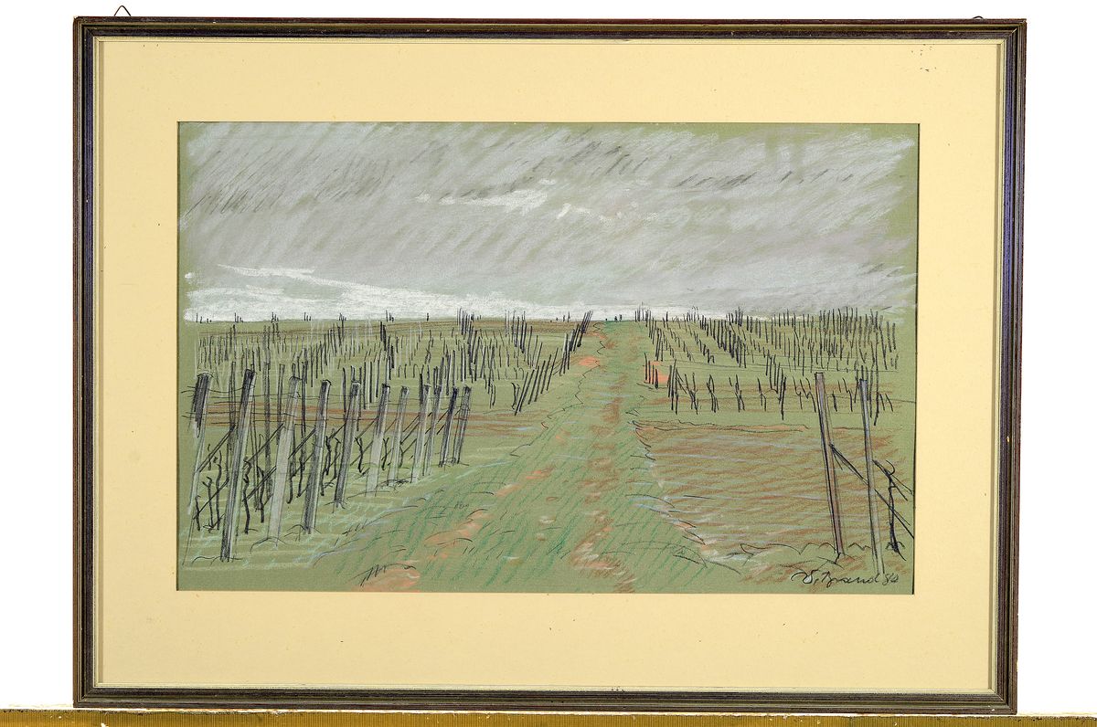 Detail k: Werner Brand, 1933 Löbau-2021 Hochstadt/Pfalz , Landschaft in den Weinbergen mit Rebzeilen, Pastell auf Papier, rechts unten signiert und dat. 80, ...