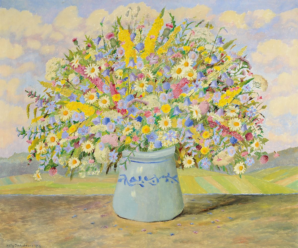 Willy Deutschmann, 1880 Oberflörsheim-1960 Petersbächel, Üppiger Wiesenblumenstrauß in Westerwälder Krug vor Landschaft, Öl/ Malkarton, links ...