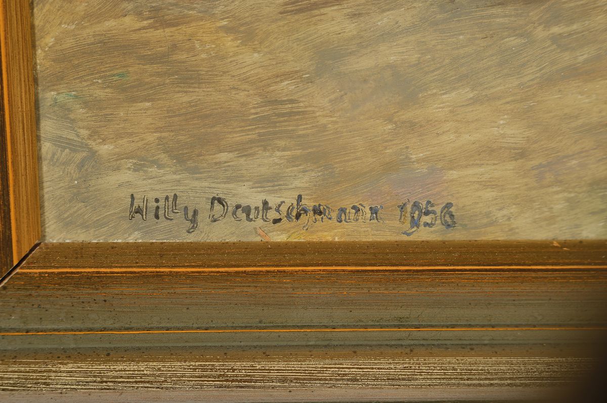 Detail a: Willy Deutschmann, 1880 Oberflörsheim-1960 Petersbächel, Üppiger Wiesenblumenstrauß in Westerwälder Krug vor Landschaft, Öl/ Malkarton, links ...