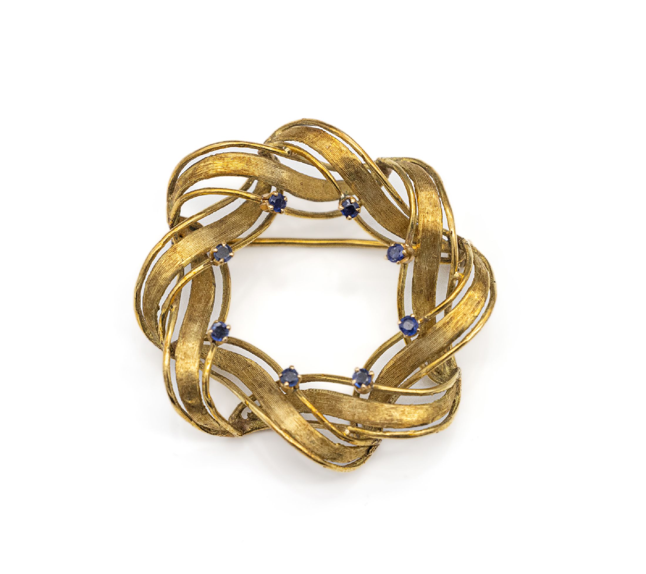 18 kt Gold Saphir-Brosche, GG 750/000, 8 kl. rundfacett. Saphire, Kranzform mit ineinander verschlungenen Bändern, teilmatt., Durchm. ca. 4 cm, ca. ...