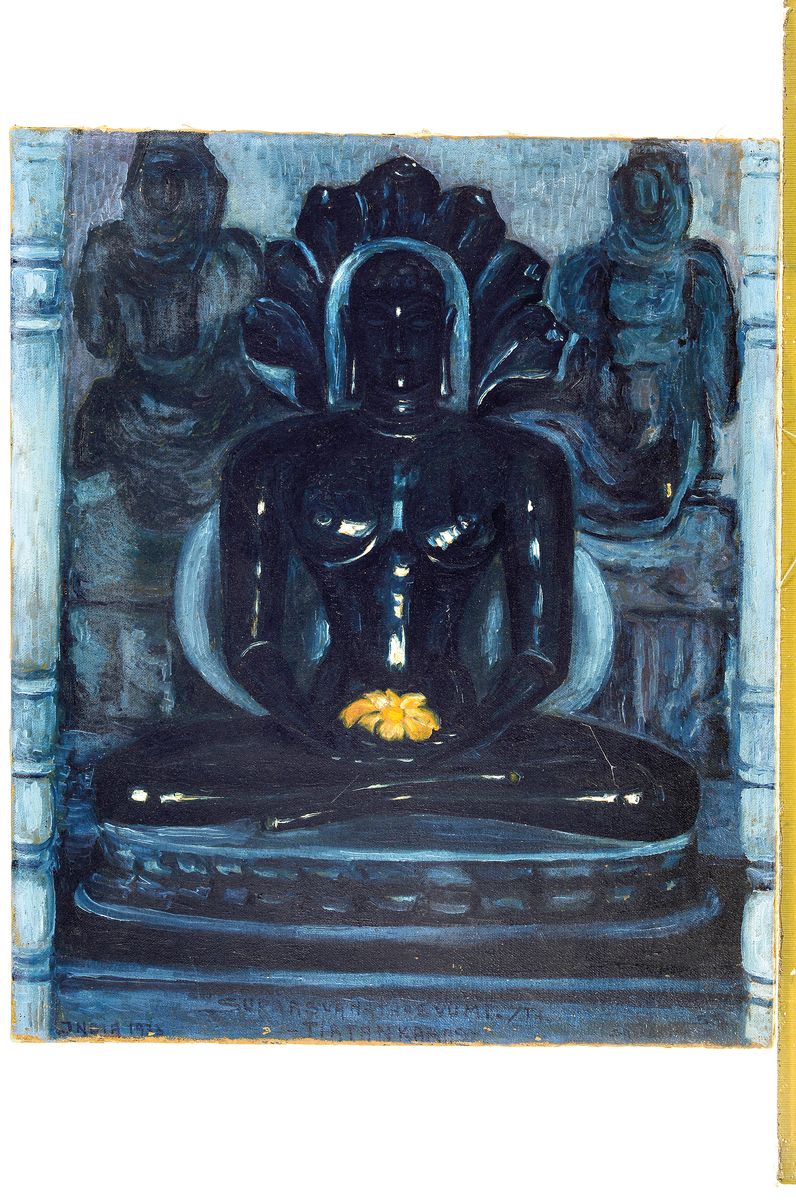 Detail k: SFB bzw. S.F. Bronner, Künstler der Mitte des 20.Jh., Blick in einen thailändischen Schrein, Buddha mit gelber Lotosblüte, monochromo blaue ...