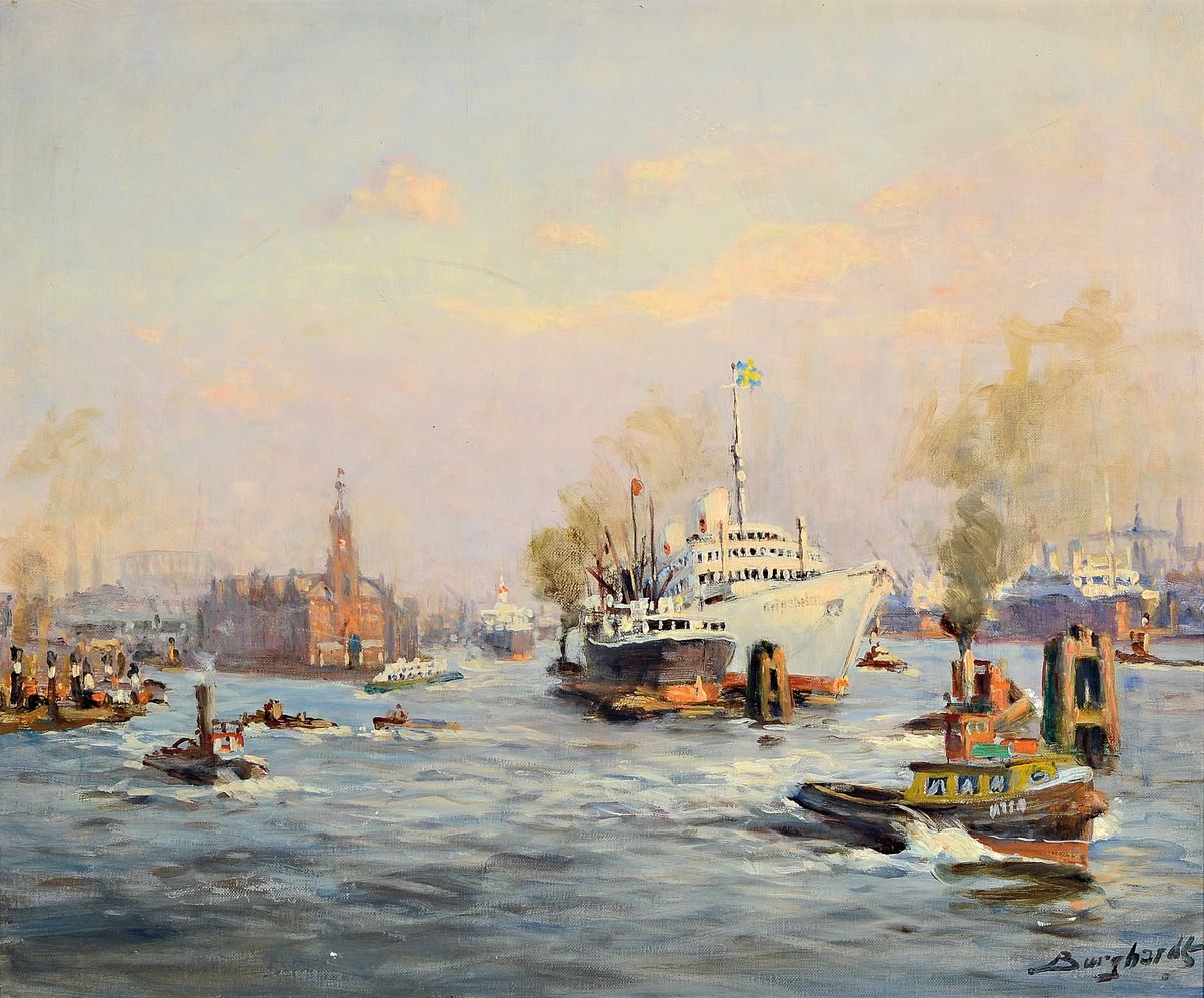 Gustav Burghardt, deutsch 1890-1970, bekannt für seine Hafenszenen, hier: Blick in den Hamburger Hafen auf die ehem. Kehrwiederspitze mit ...