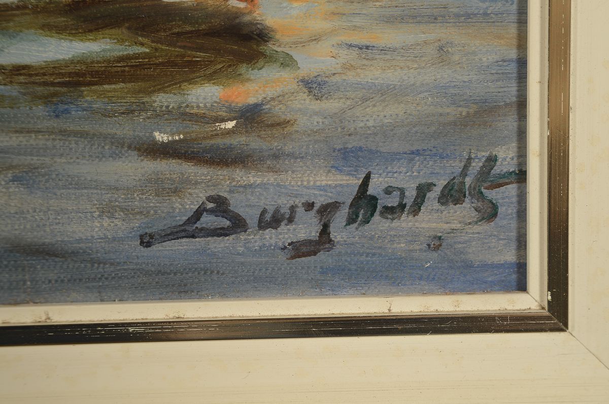 Detail a: Gustav Burghardt, deutsch 1890-1970, bekannt für seine Hafenszenen, hier: Blick in den Hamburger Hafen auf die ehem. Kehrwiederspitze mit ...
