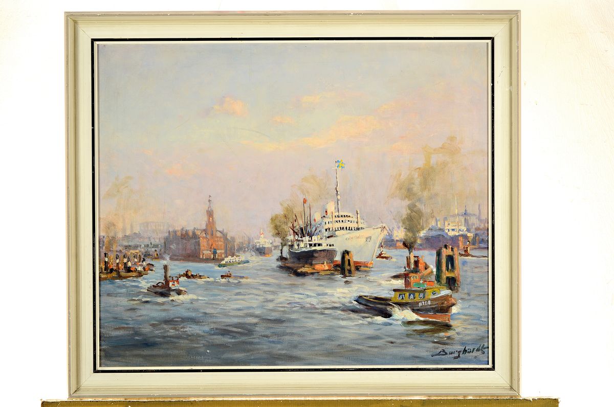 Detail k: Gustav Burghardt, deutsch 1890-1970, bekannt für seine Hafenszenen, hier: Blick in den Hamburger Hafen auf die ehem. Kehrwiederspitze mit ...