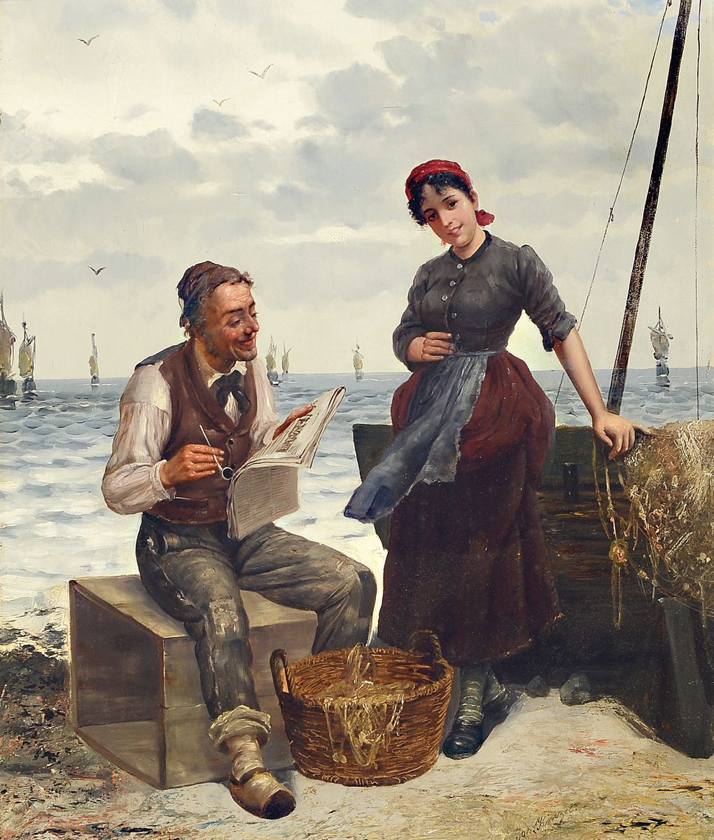 Joseph Kinzel, 1852 Lobenstein - 1925 Spitz an der Donau, Studium an den Akademien Wien und München, Genrebild, "Interessante Neuigkeiten" ...