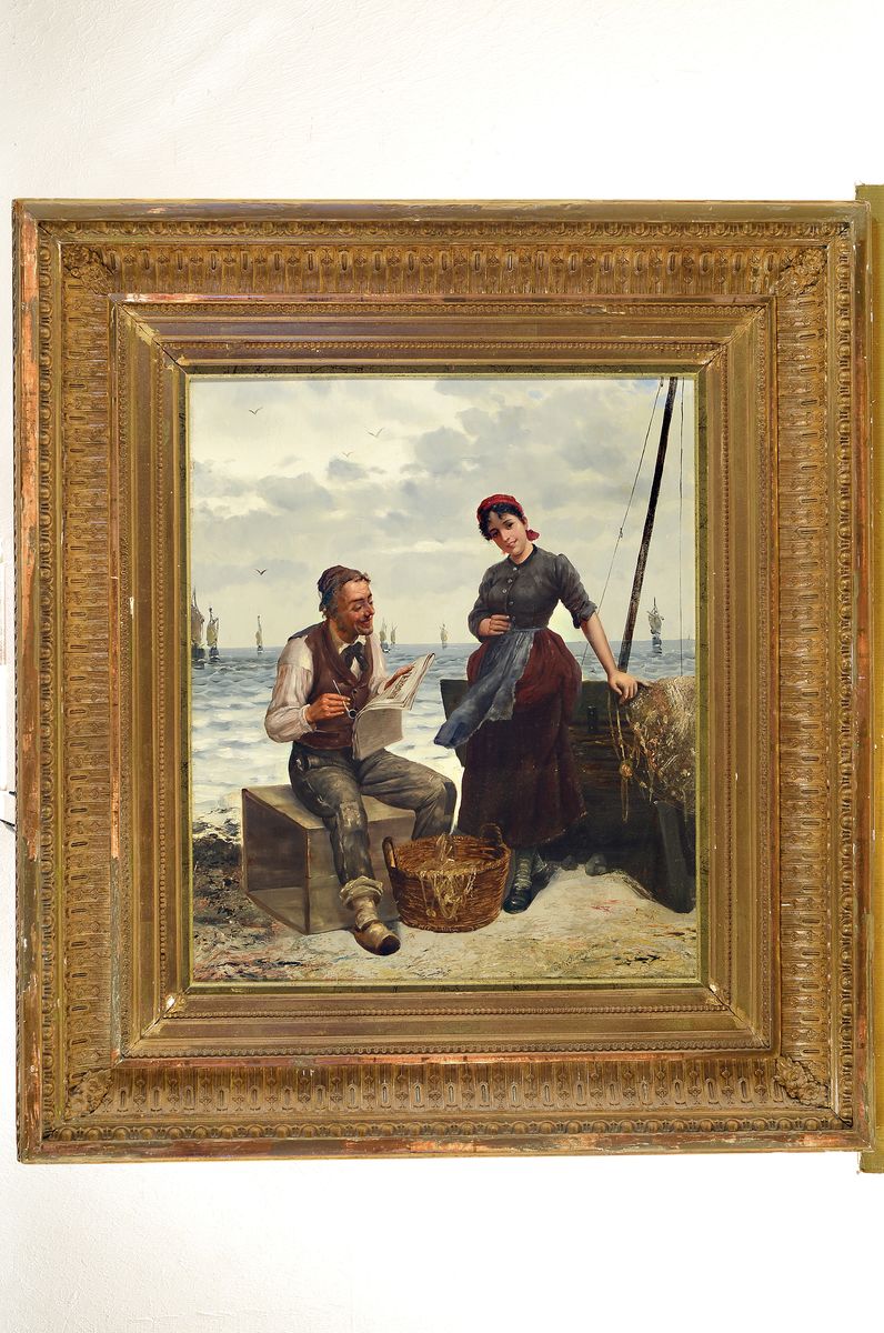 Detail k: Joseph Kinzel, 1852 Lobenstein - 1925 Spitz an der Donau, Studium an den Akademien Wien und München, Genrebild, "Interessante Neuigkeiten" ...