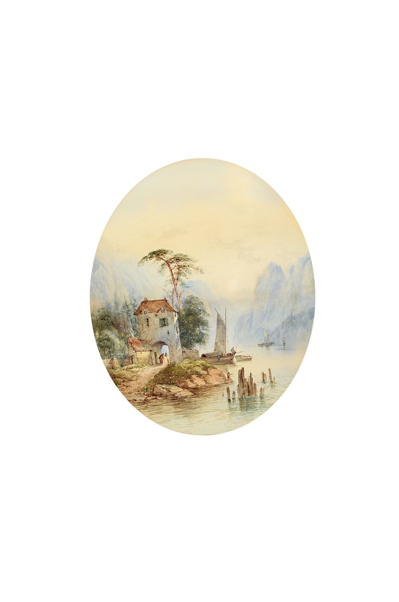 Edwin Earp, britisch 1851 - 1945, Paar Aquarelle: zwei Seelandschaften mit Bergpanorama, Figurenstaffage, ovales Format, je signiert, unter PP u. ...