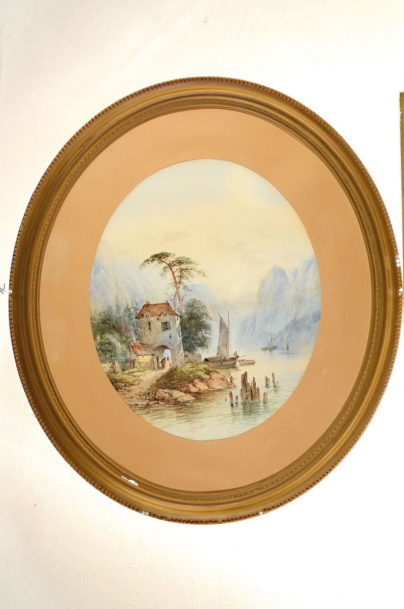 Detail k: Edwin Earp, britisch 1851 - 1945, Paar Aquarelle: zwei Seelandschaften mit Bergpanorama, Figurenstaffage, ovales Format, je signiert, unter PP u. ...