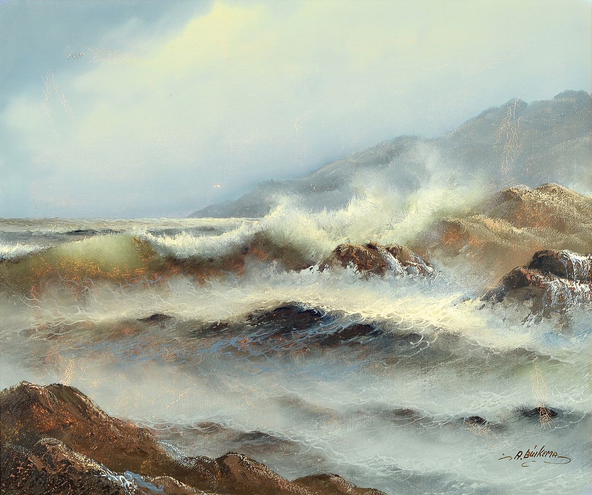 Albert Buikema, 1949 Waddinxveen - 1994, maritime Landschaft, Küstenlandschaft mit stürmischer See, signiert, Öl/Lwd, Rahmen, 65x75cm