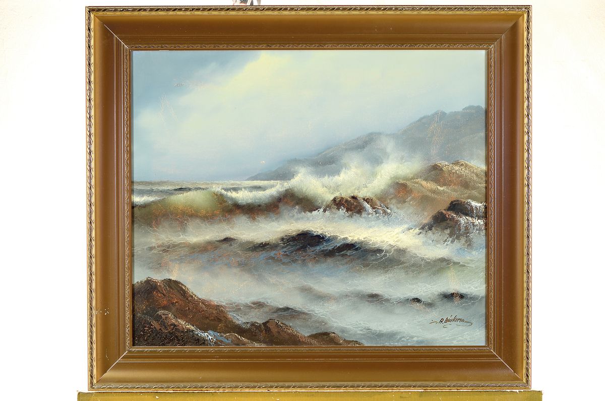 Detail k: Albert Buikema, 1949 Waddinxveen - 1994, maritime Landschaft, Küstenlandschaft mit stürmischer See, signiert, Öl/Lwd, Rahmen, 65x75cm
