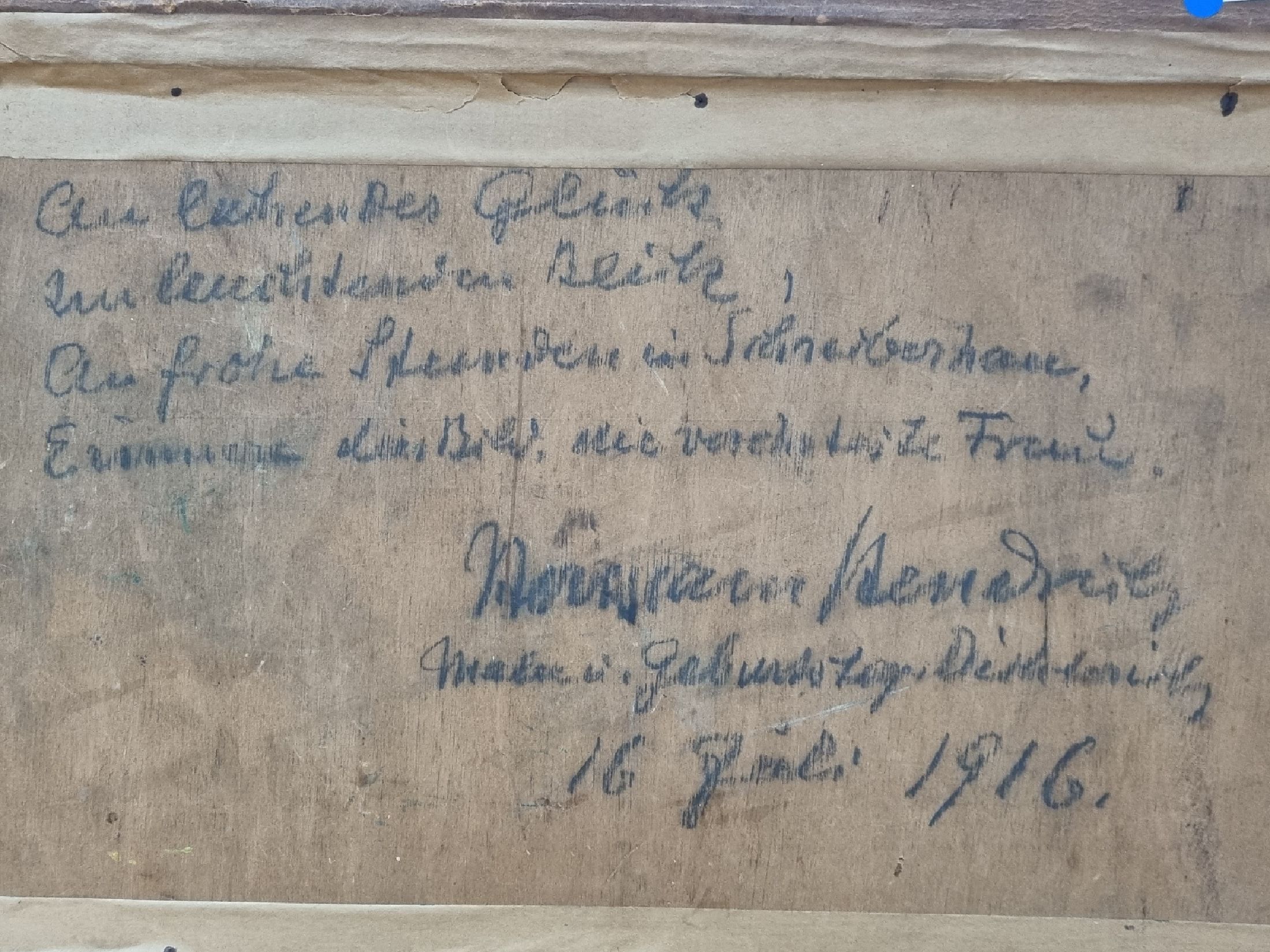 Detail b: Hermann Hendrich, 1856-1931, Haus in Landschaft, Öl/Holz, rückseitig mit handschriftl. Gedicht, Widmung und Signatur: Maler und Geburtstagsdichter ...