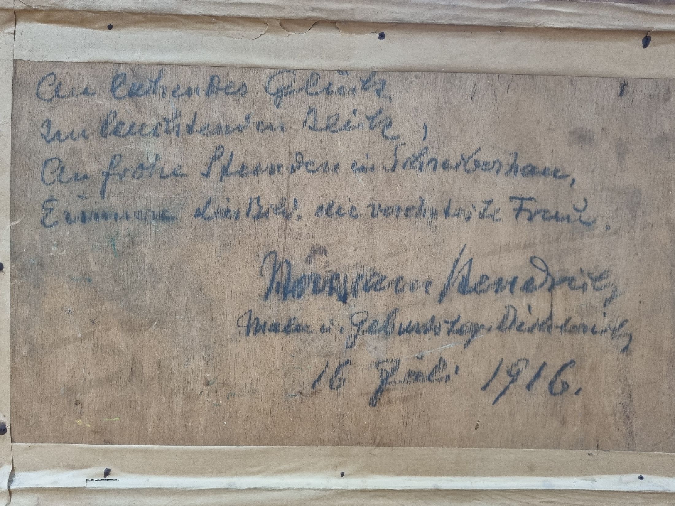 Detail c: Hermann Hendrich, 1856-1931, Haus in Landschaft, Öl/Holz, rückseitig mit handschriftl. Gedicht, Widmung und Signatur: Maler und Geburtstagsdichter ...