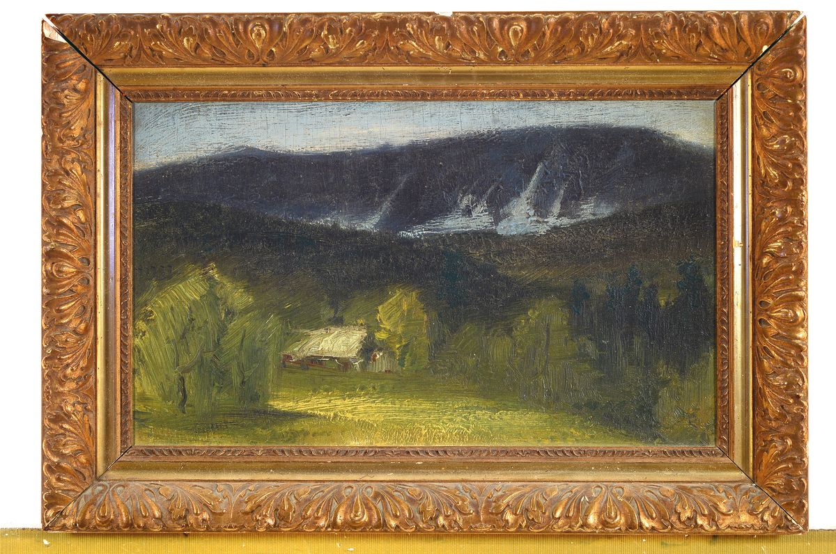 Detail k: Hermann Hendrich, 1856-1931, Haus in Landschaft, Öl/Holz, rückseitig mit handschriftl. Gedicht, Widmung und Signatur: Maler und Geburtstagsdichter ...