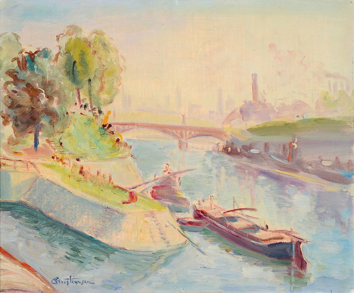 Christiansen, 1920/30er Jahre, Lastkähne auf dem Fluss, li. unten signiert, Öl/Lwd, ca. 38 x 46 cm, Rahmen 45 x 52 cm
