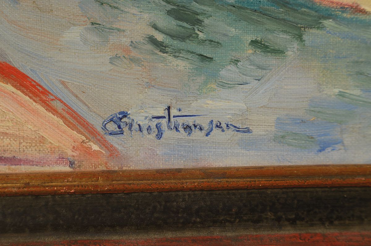 Detail a: Christiansen, 1920/30er Jahre, Lastkähne auf dem Fluss, li. unten signiert, Öl/Lwd, ca. 38 x 46 cm, Rahmen 45 x 52 cm