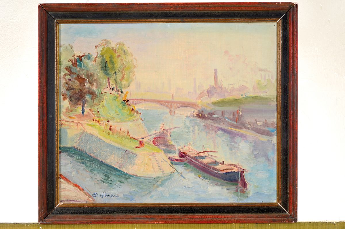 Detail k: Christiansen, 1920/30er Jahre, Lastkähne auf dem Fluss, li. unten signiert, Öl/Lwd, ca. 38 x 46 cm, Rahmen 45 x 52 cm