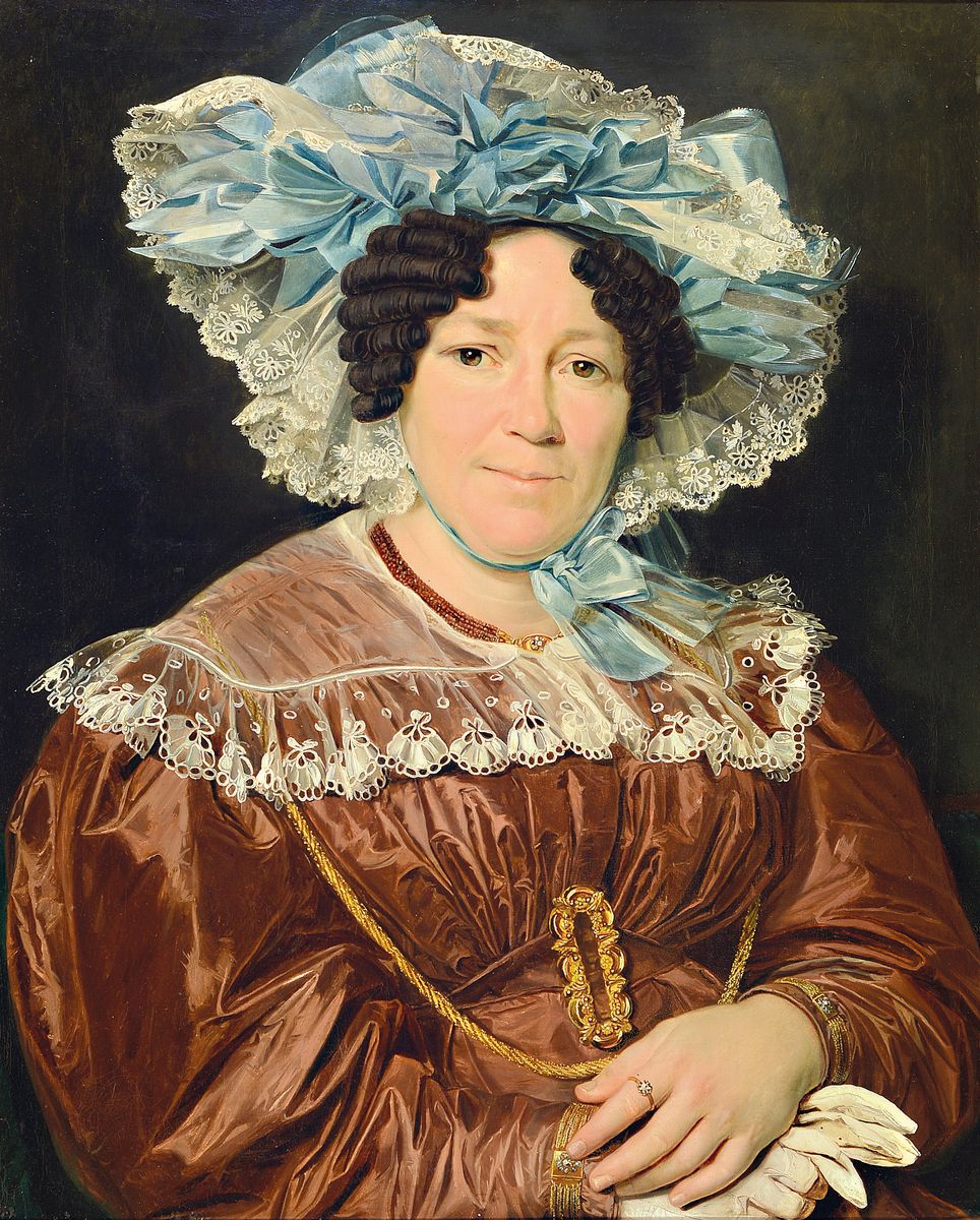 Biedermeierkünstler um 1840, Porträt einer Dame mit Haube und braunem Taftkleid, feines Inkarnat, hohe Stofflichkeit, reich mit Goldschmuck ...