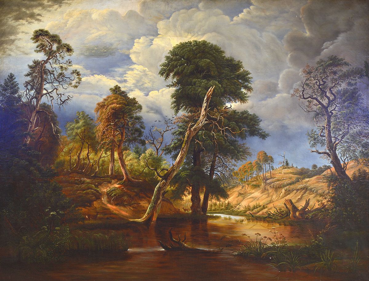 Werner, Künstler der Mitte des 19.Jh., große spätromantische Landschaft, wilder Flusslauf in Gewitterstimmung, rechts unten signiert, Öl/Lwd, ...