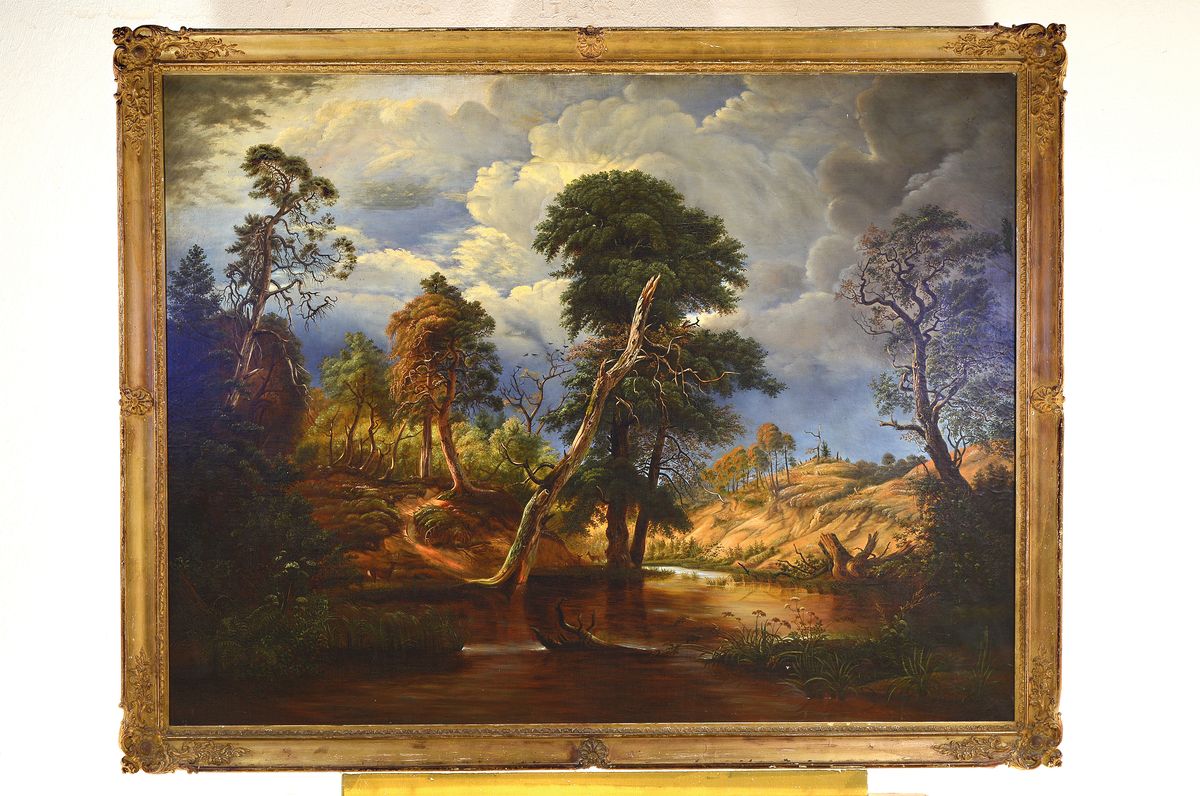 Detail k: Werner, Künstler der Mitte des 19.Jh., große spätromantische Landschaft, wilder Flusslauf in Gewitterstimmung, rechts unten signiert, Öl/Lwd, ...
