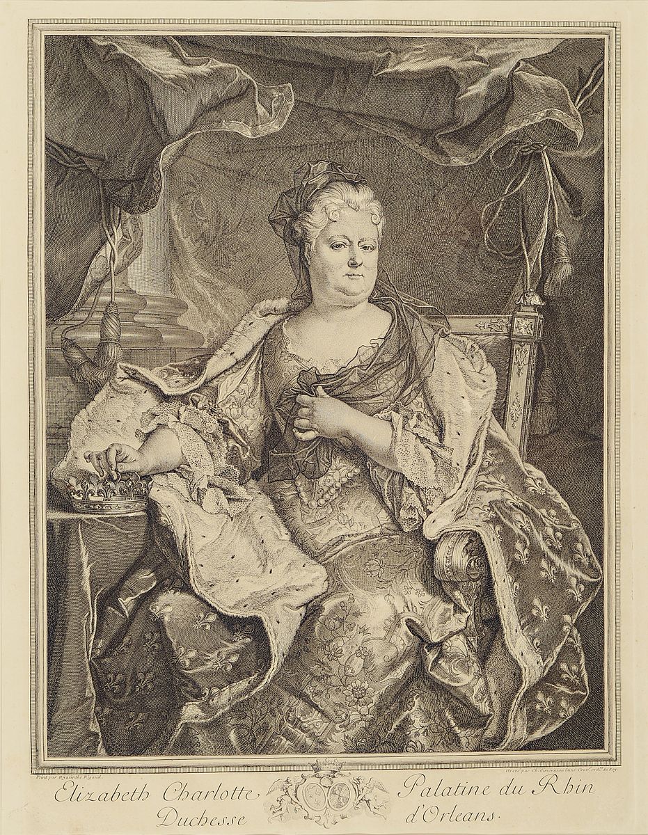 Hyacinthe Rigaud, 1659-1743, Kupferstich, Liselotte von der Pfalz, "Elisabeth Charlotte Palatine du Rhin, Duchesse d'Orleon", ...
