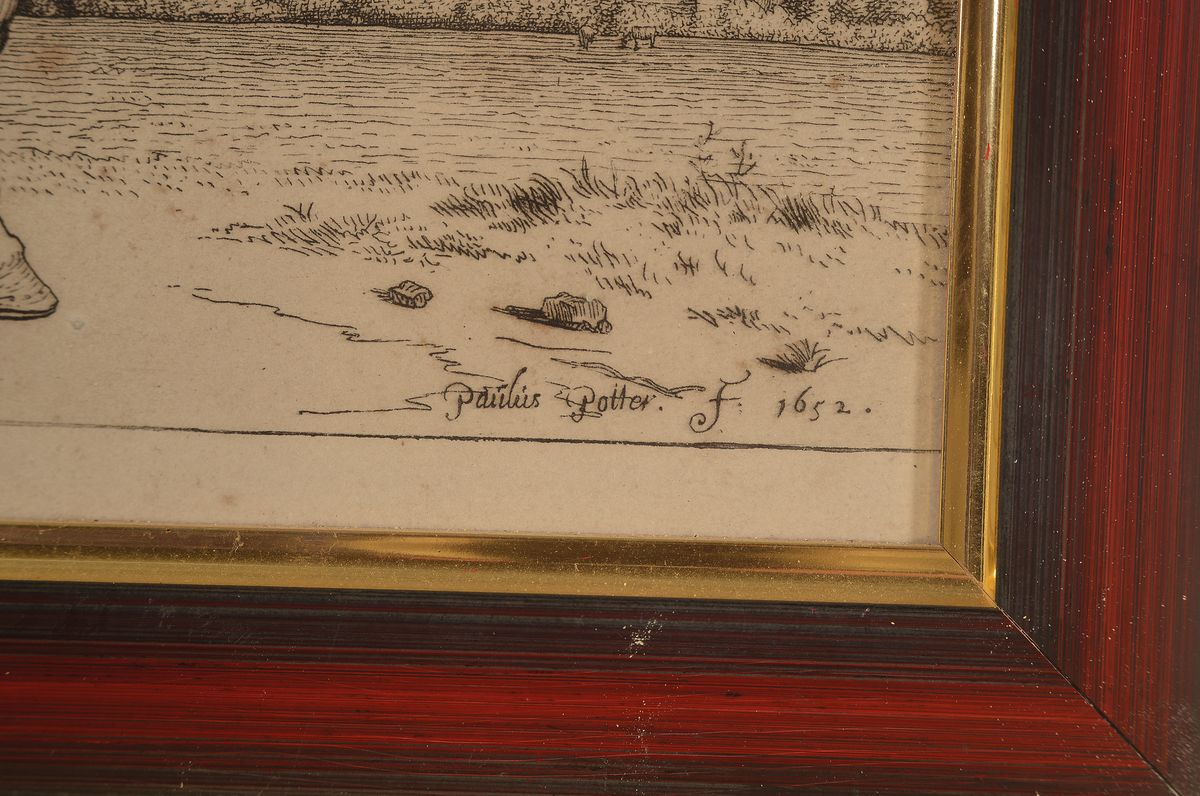 Detail a: Paulus Potter, 1625-1654, Radierung, Pferdedarstellung, in der Platte signiert und dat. 1652, Altersspuren, unter Glas, Rahmen, 15 x 22 cm