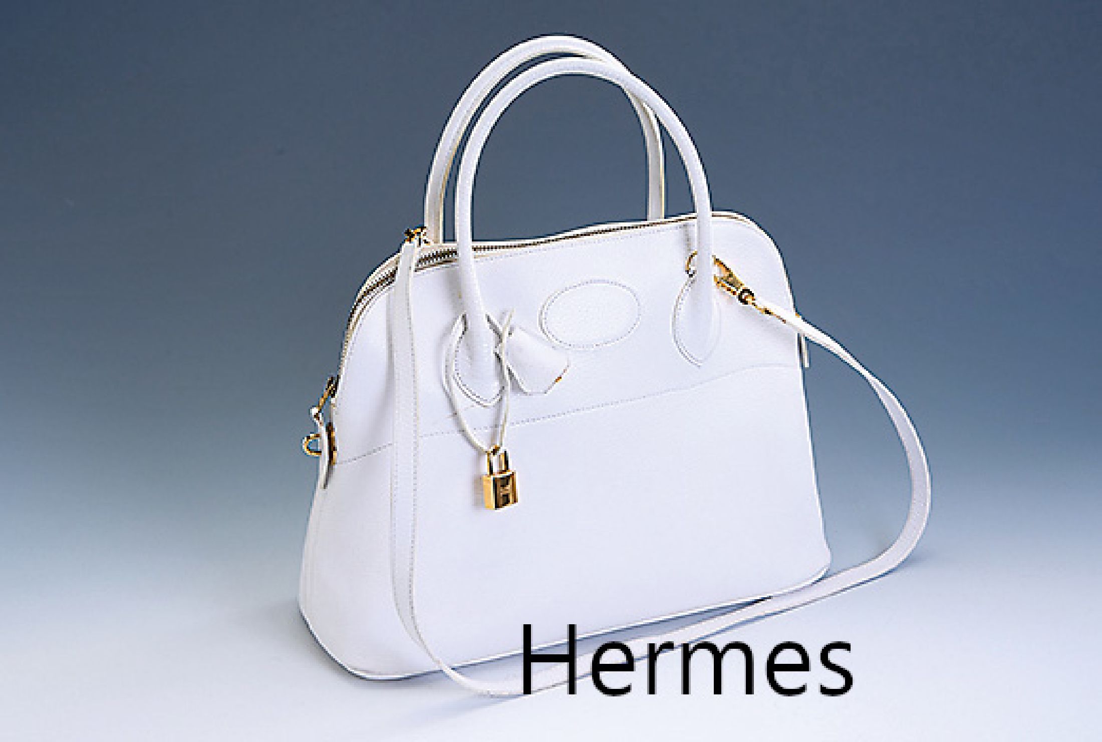 Hermes Bolide, weißes geprägtes Leder, 2 Tragehenkel, Schultergurt, Schlüssel mit Schloß, Beschläge verg., ca. 34 x 13 x 25 cm, Gebrauchsspuren