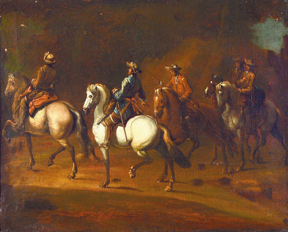 Unbekannter Künstler, wohl Frankreich, um 1680-1720, 5 Edelleute zu Pferd, Öl/Lwd, feine lasierende Malerei, gelungene Darstellung des Stolzes von ...