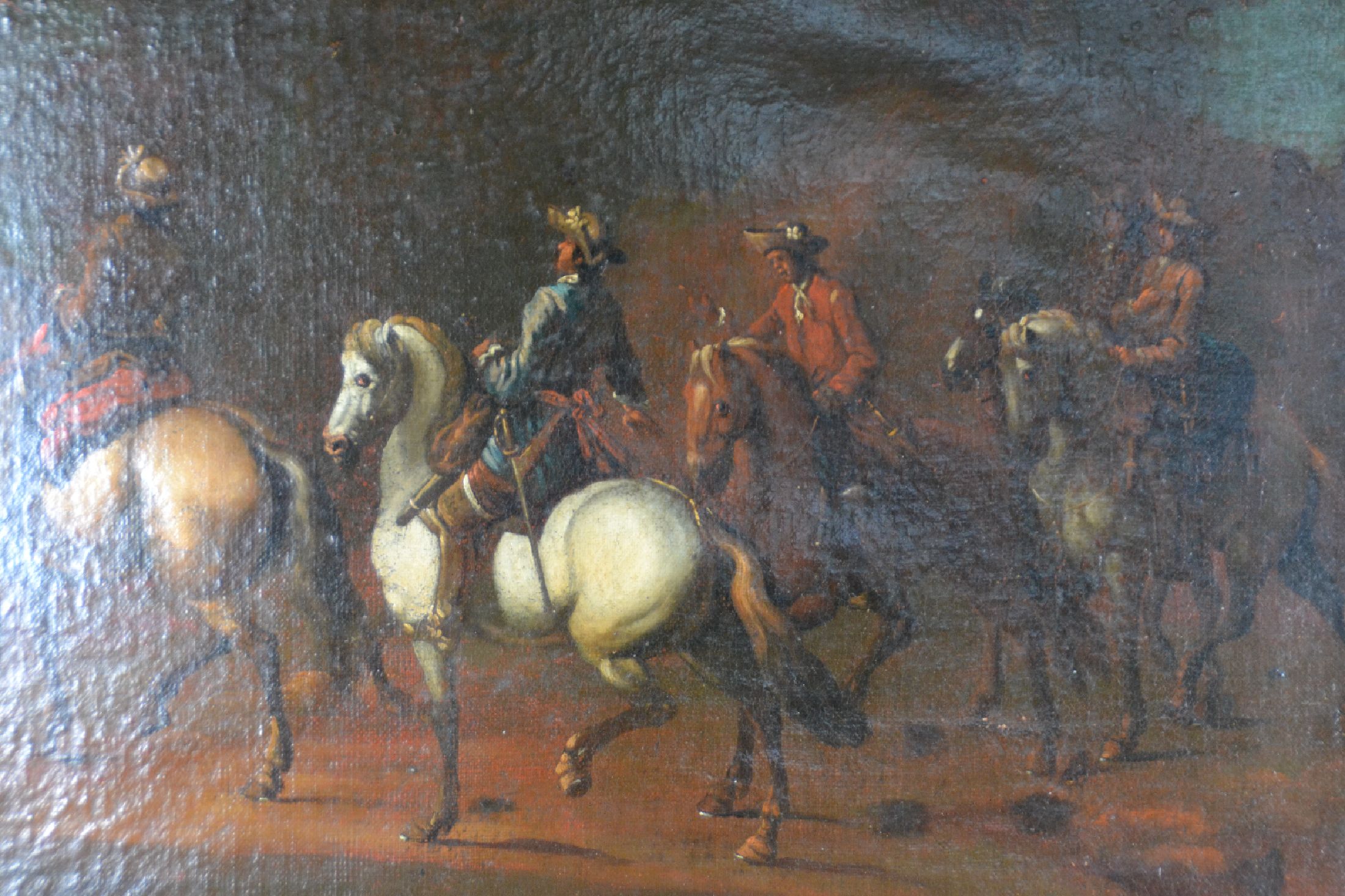 Detail c: Unbekannter Künstler, wohl Frankreich, um 1680-1720, 5 Edelleute zu Pferd, Öl/Lwd, feine lasierende Malerei, gelungene Darstellung des Stolzes von ...