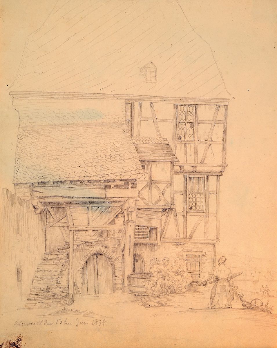 Aus dem Nachlaß Friedrich Eugen Peipers, 1805-1885, Ansicht eines Fachwerkhauses in Oberwesel, Bleistiftzeichnung auf Papier, links unten bez.: ...