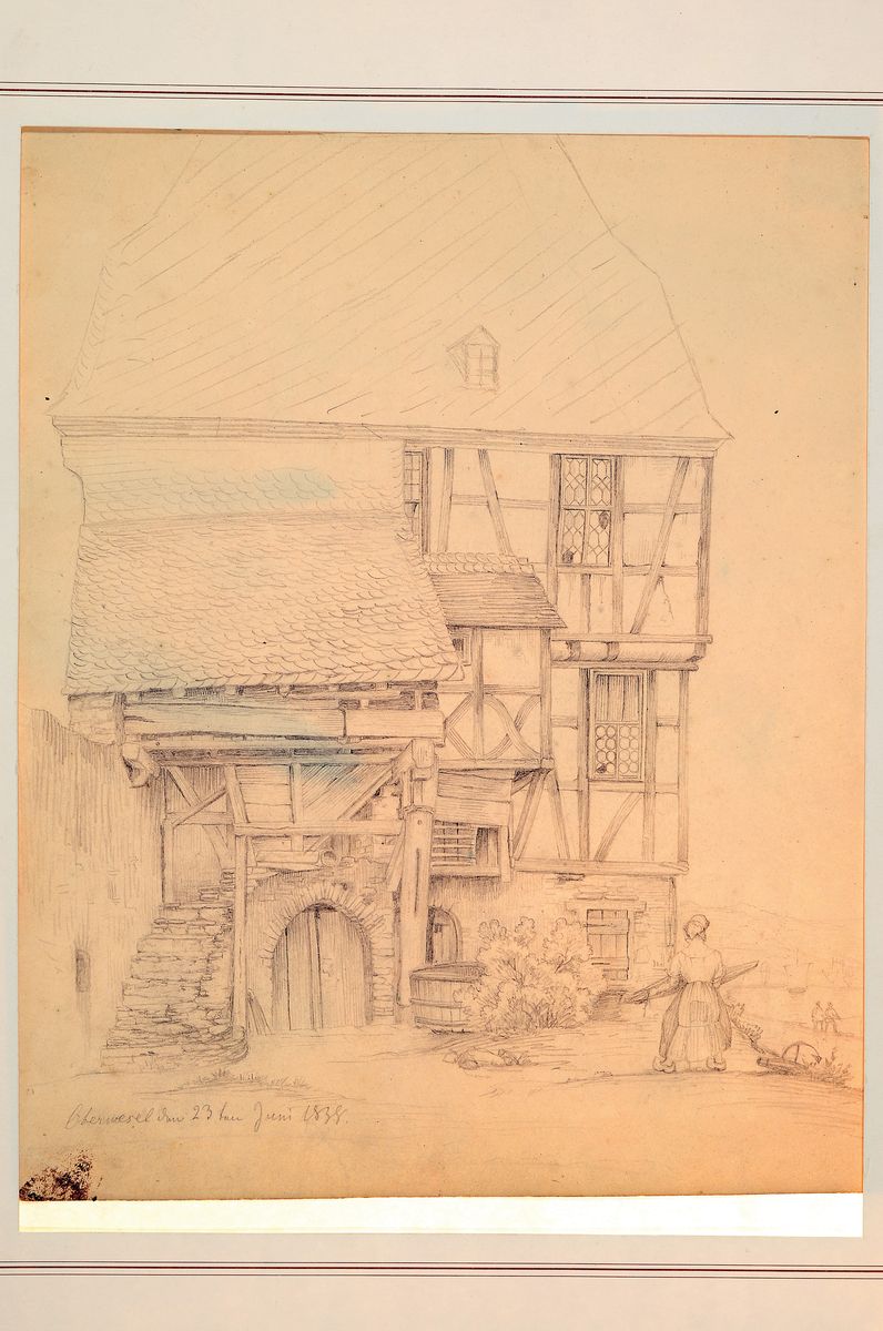 Detail k: Aus dem Nachlaß Friedrich Eugen Peipers, 1805-1885, Ansicht eines Fachwerkhauses in Oberwesel, Bleistiftzeichnung auf Papier, links unten bez.: ...