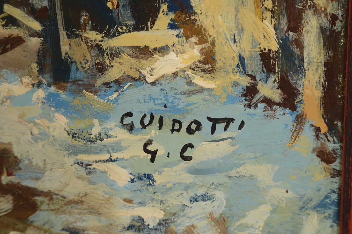 Detail a: Gian Carlo Guidotti, zeitgen. italienischer Maler, Winterliche Waldlandschaft, Öl und Acryl auf Hartfaserplatte, rechts unten signiert, ca. 40x50cm, ...