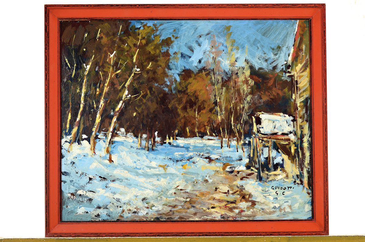 Detail k: Gian Carlo Guidotti, zeitgen. italienischer Maler, Winterliche Waldlandschaft, Öl und Acryl auf Hartfaserplatte, rechts unten signiert, ca. 40x50cm, ...