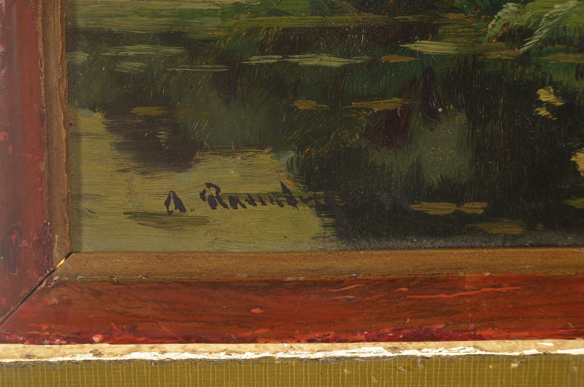 Detail a: Alfred Rasenberger, 1885-1948 Düsseldorf, Weiher am Waldrand, Öl/Hartfaser, links unten signiert, ca. 23x24cm, R. ca. 25.5x27cm