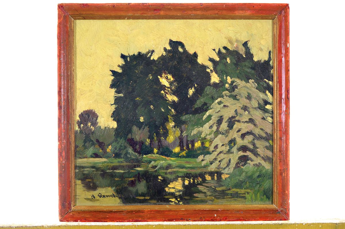 Detail k: Alfred Rasenberger, 1885-1948 Düsseldorf, Weiher am Waldrand, Öl/Hartfaser, links unten signiert, ca. 23x24cm, R. ca. 25.5x27cm