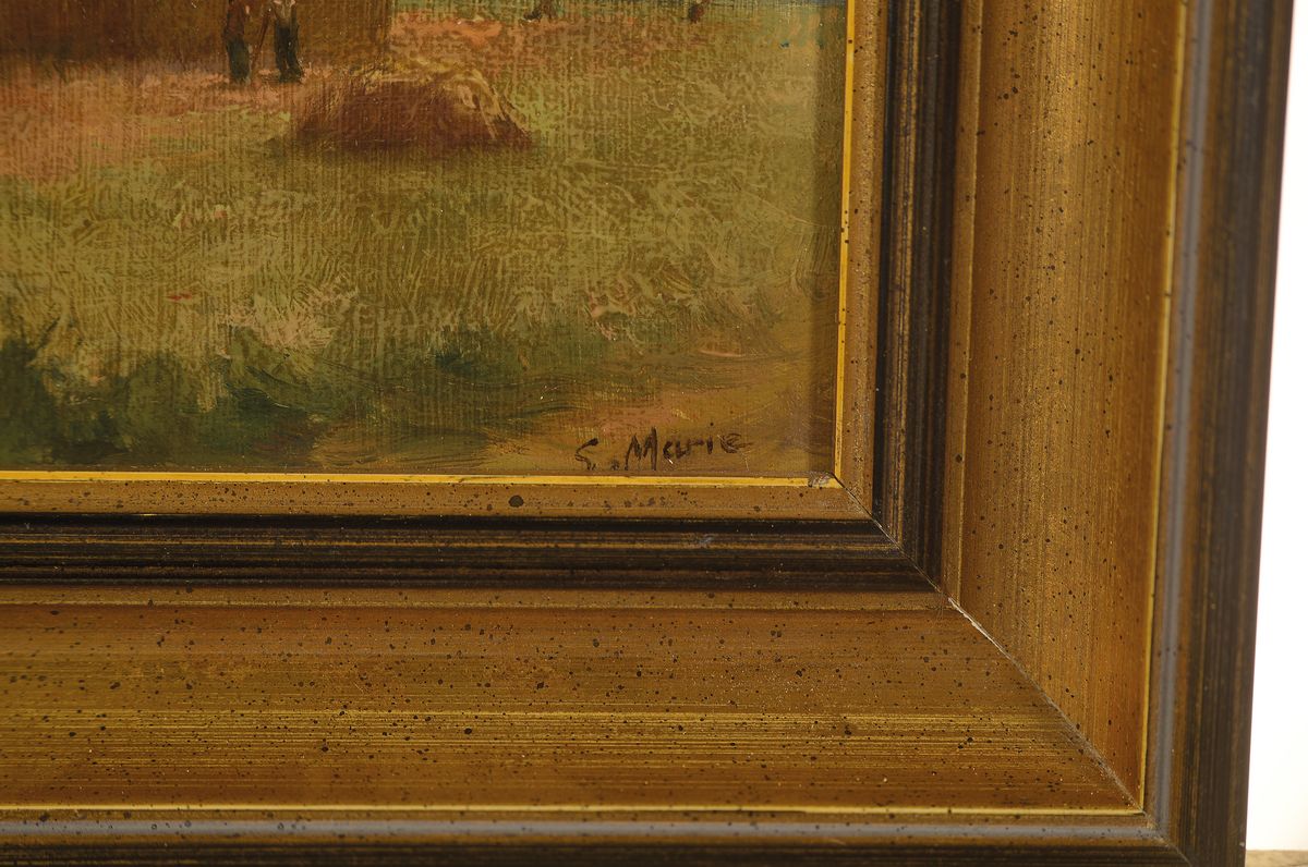 Detail a: Elise Marie, geb. 1934, belgische Malerin, Landschaft mit Blick auf Heuschober und Dorf, Öl/Holz, rechts unten signiert, ca. 21x26.5cm