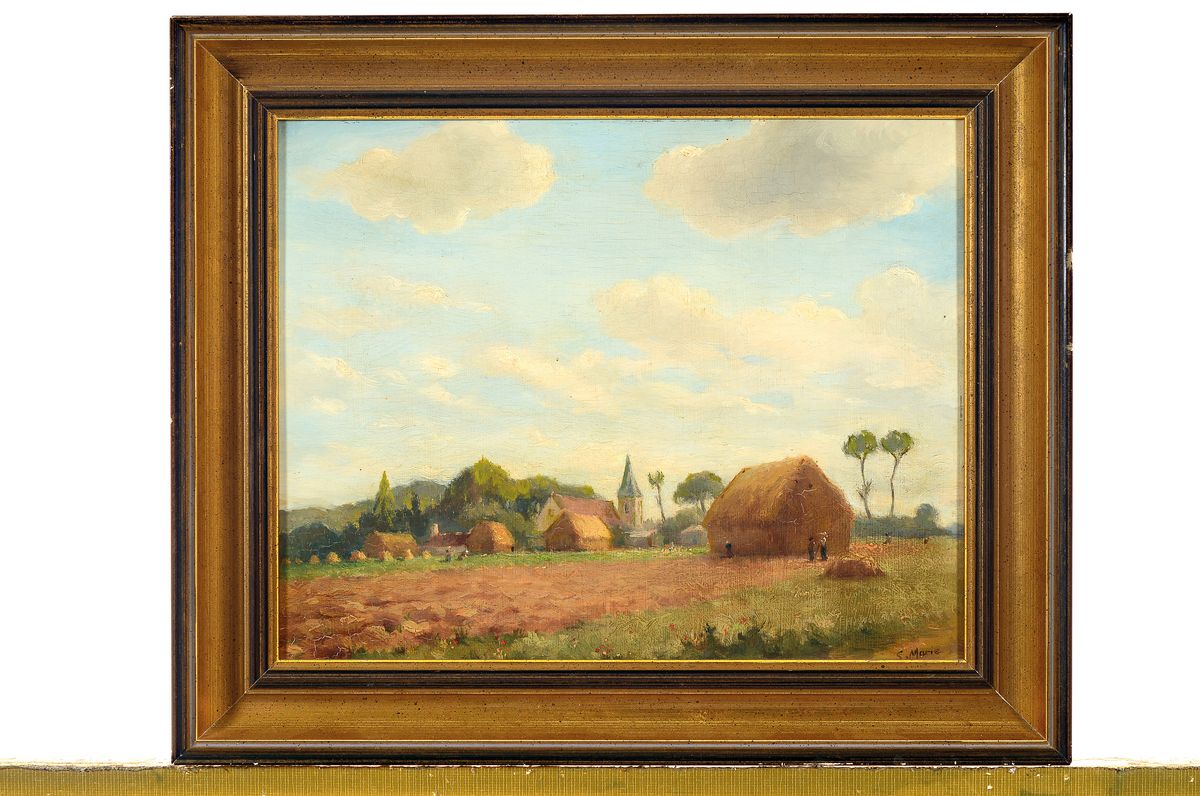 Detail k: Elise Marie, geb. 1934, belgische Malerin, Landschaft mit Blick auf Heuschober und Dorf, Öl/Holz, rechts unten signiert, ca. 21x26.5cm