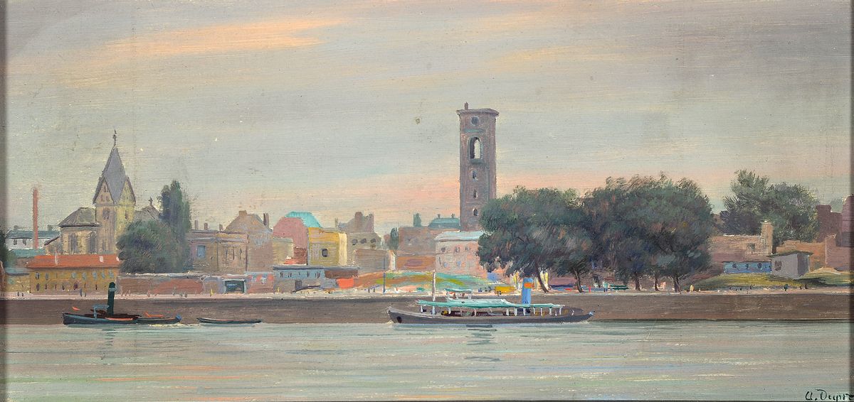 Alfred Dupré, 1904 Köln-1956 München, Blick über den Rhein auf Köln St. Marien Lyskirchen, Öl/Hartfaser, rechts unten signiert, ca. 11.5x24cm, ...