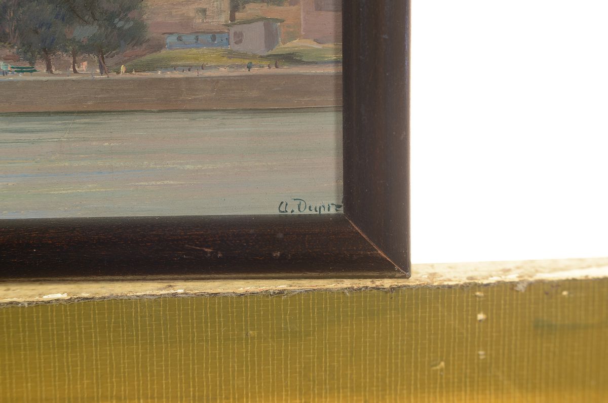 Detail a: Alfred Dupré, 1904 Köln-1956 München, Blick über den Rhein auf Köln St. Marien Lyskirchen, Öl/Hartfaser, rechts unten signiert, ca. 11.5x24cm, ...