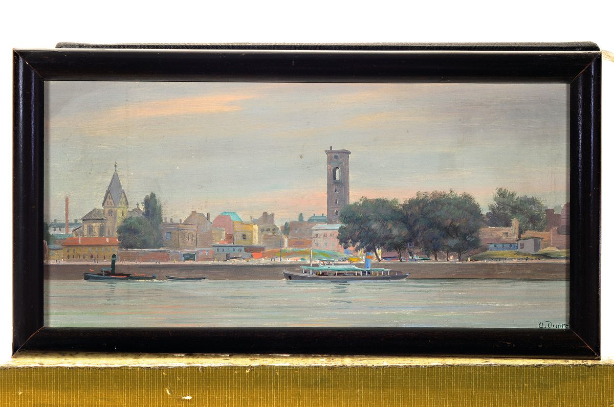Detail k: Alfred Dupré, 1904 Köln-1956 München, Blick über den Rhein auf Köln St. Marien Lyskirchen, Öl/Hartfaser, rechts unten signiert, ca. 11.5x24cm, ...
