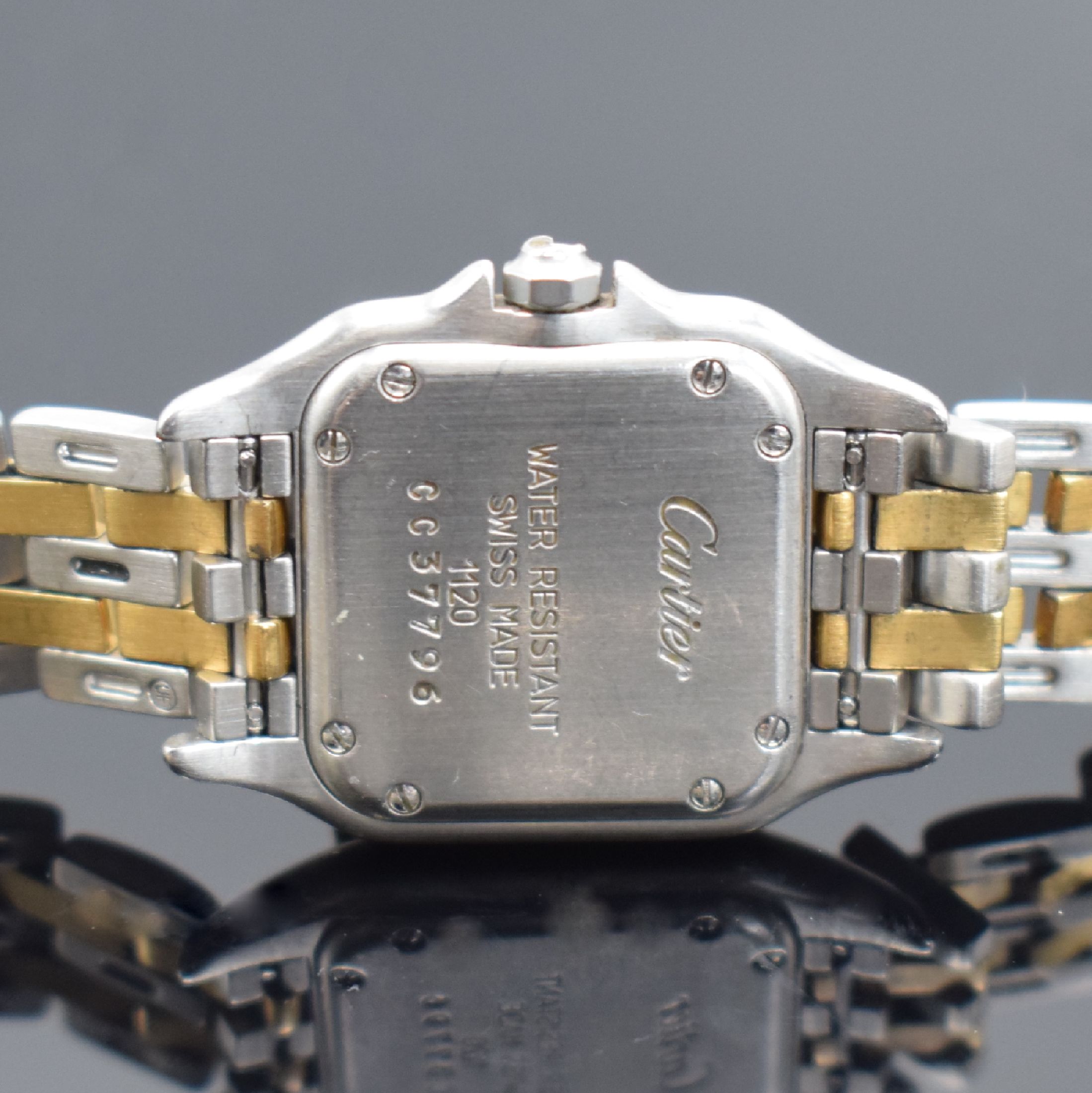 Detail d: CARTIER Panthere Damenarmbanduhr in Stahl/Gold Referenz 1120,, Schweiz um 1990, quarz, Boden 8-fach verschr., Schmuckkrone fehl./zu ers., orig. ...