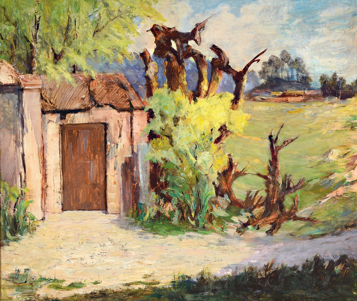 Alexander Eisenberg, zeitgen. Maler aus Tilsit, Schüler von Bruno Wiese und an der Academie Grande Chaumiere in Paris, hier: Landschaft mit Kate, ...