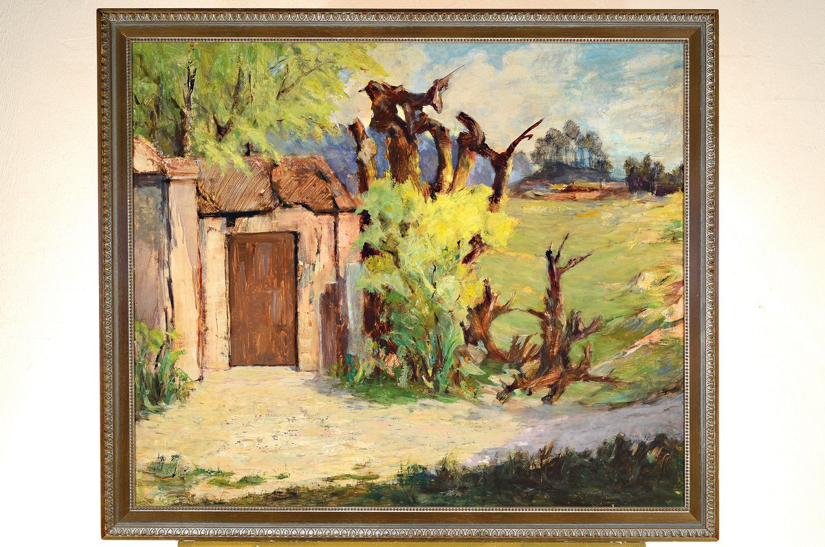 Detail k: Alexander Eisenberg, zeitgen. Maler aus Tilsit, Schüler von Bruno Wiese und an der Academie Grande Chaumiere in Paris, hier: Landschaft mit Kate, ...