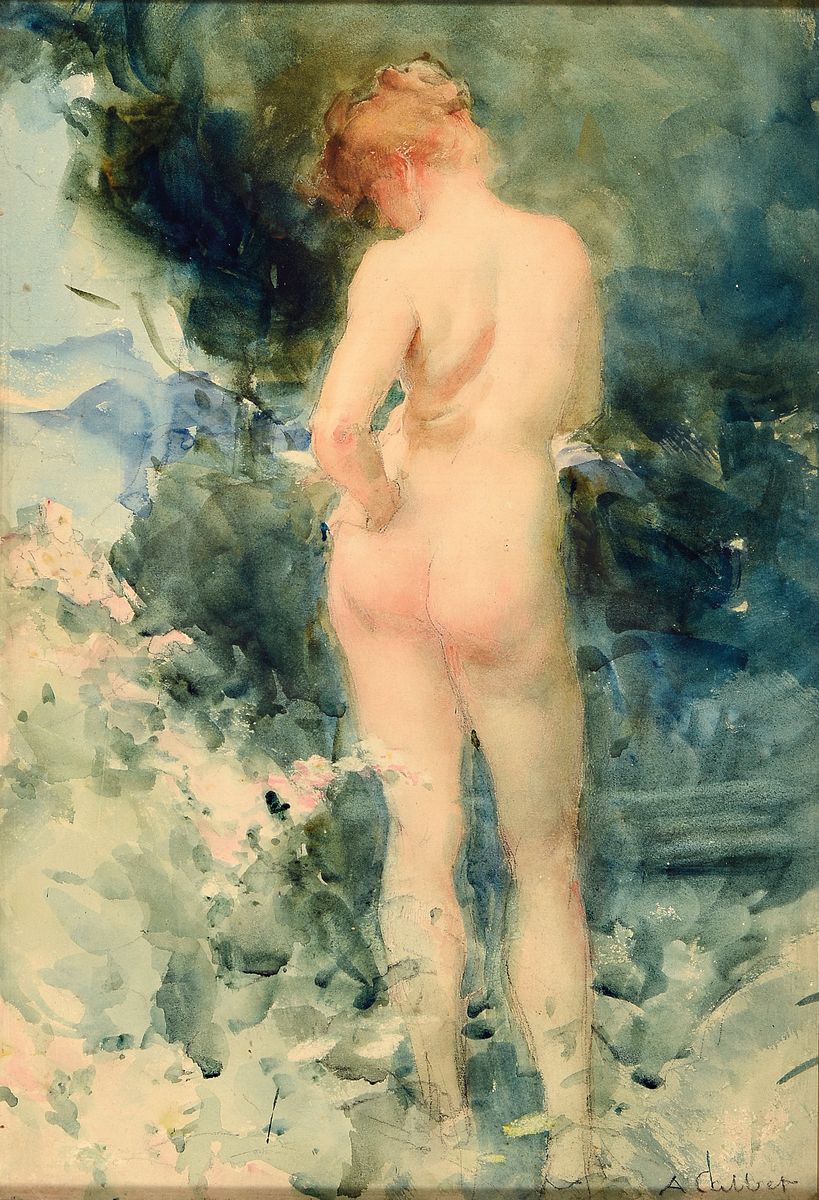 Antoine Calbet, 1860 Engayrac-1944 Paris, stehender weiblicher Rückenakt im Wald, Aquarell über Bleistift auf Papier, rechts unten signiert, ca. ...