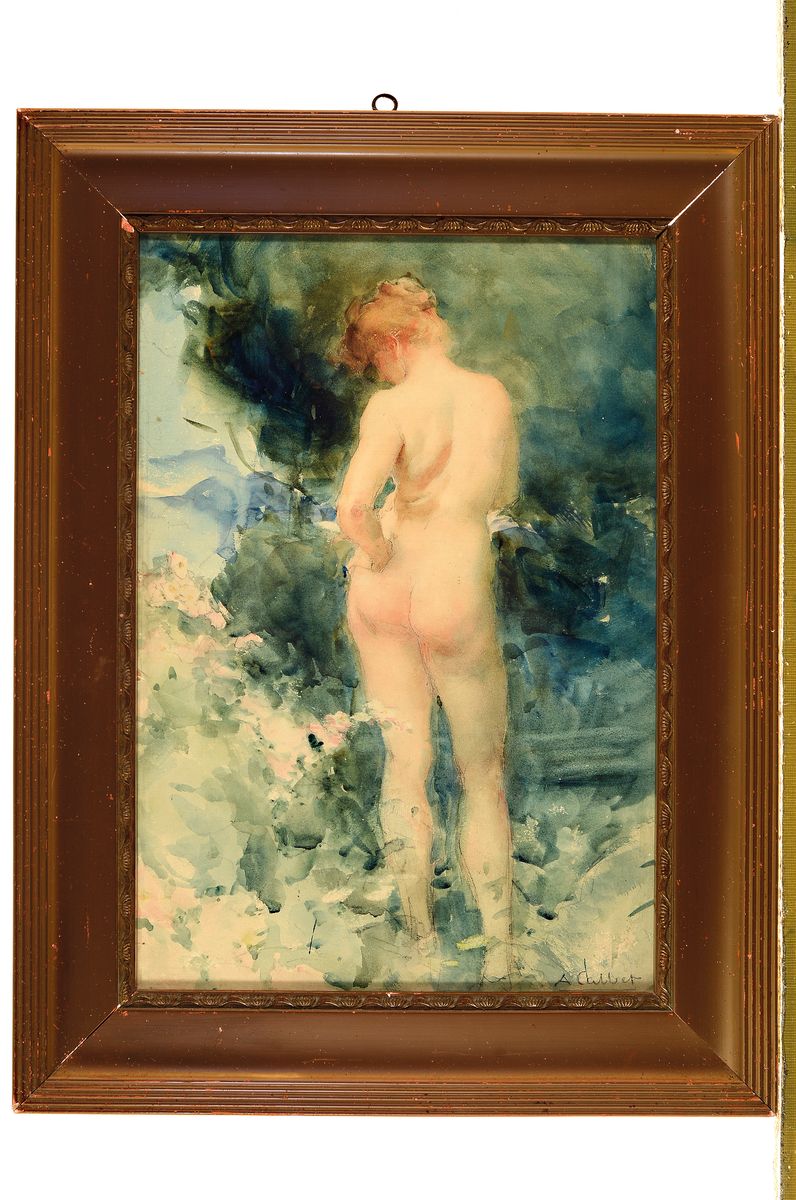 Detail k: Antoine Calbet, 1860 Engayrac-1944 Paris, stehender weiblicher Rückenakt im Wald, Aquarell über Bleistift auf Papier, rechts unten signiert, ca. ...