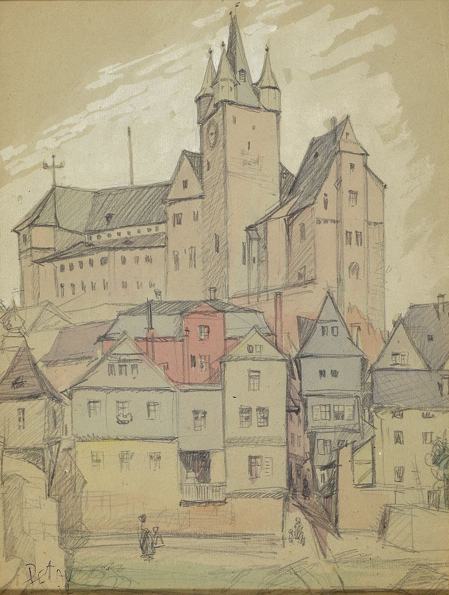 Karl Pettau, Maler der Düsseldorfer Schule, Ansicht von Diez an der Lahn, aquarellierte Bleistiftzeichnung, links unten signiert, ca. 30x23cm, ...