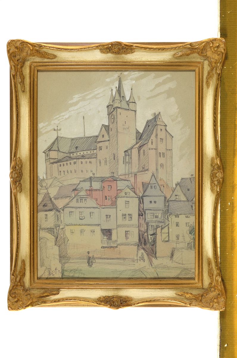 Detail k: Karl Pettau, Maler der Düsseldorfer Schule, Ansicht von Diez an der Lahn, aquarellierte Bleistiftzeichnung, links unten signiert, ca. 30x23cm, ...