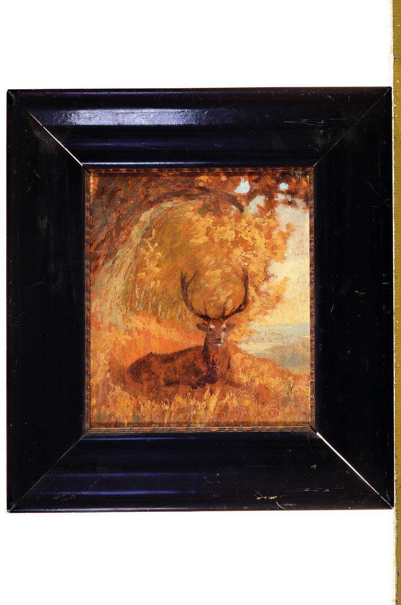 Detail k: Zuschreibung: Eduard Ockel, 1834 Schwante-1910 Berlin, Hirsch im Herbstwald, Öl/Holz, ca. 22x19cm, R. ca. 34x31cm