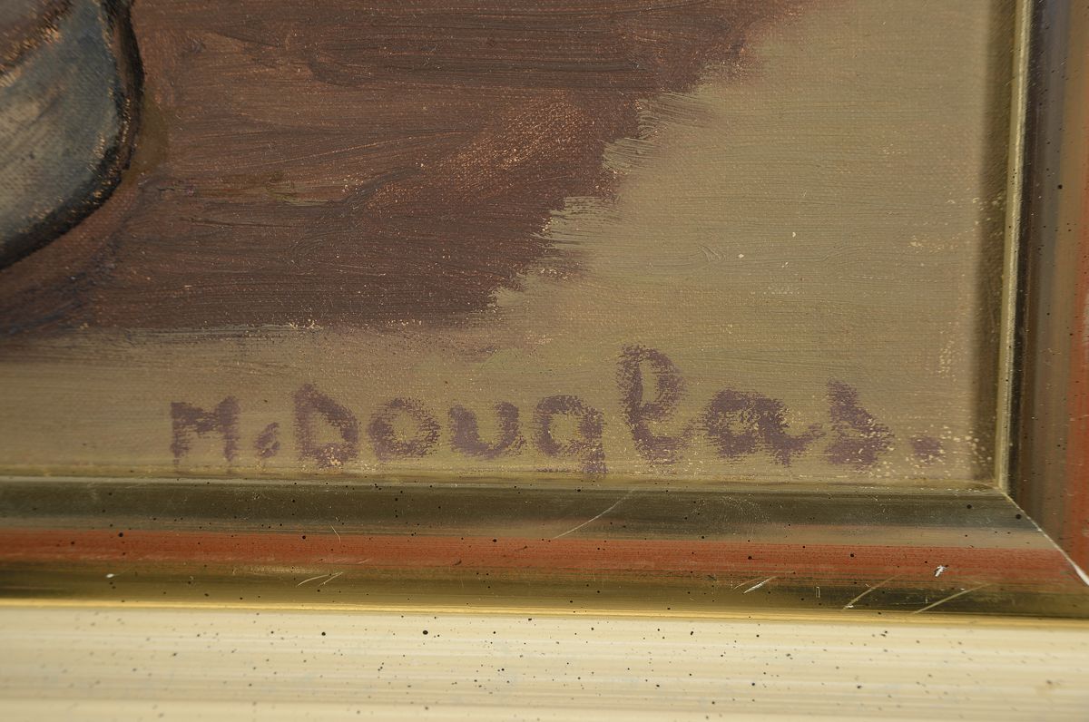 Detail a: M. Douglas, deutsche Malerin des frühen 20. Jh., Blumenstillleben, Öl/Lwd, rechts unten signiert, rückseitig Etikett mit Titel: Bunter Strauß und ...
