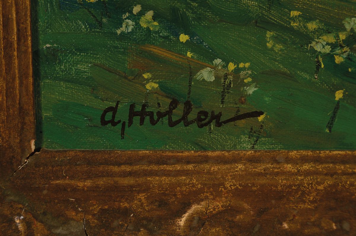 Detail a: Alfred Holler, 1888 Krefeld-vor 1955, Sommerliche hügelige Landschaft mit Blick auf eine Ortschaft mit Kirche, Öl/Lwd, links unten signiert, ca. ...
